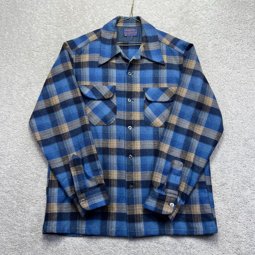 VINTAGE 50s 60s Pendleton Board Shirt Mens M Blue Plaid Virgin Wool Flannel USA